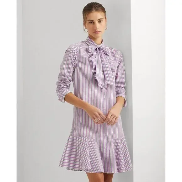 165$ Lauren Ralph Lauren Striped Broadcloth Tie-Neck Shirtdress Size 4 Purple - Picture 2 of 3